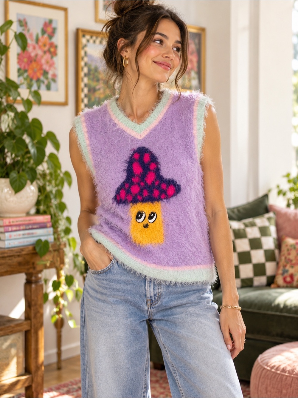 TEDDY FRESH Fuzzy Mushroom Sweater Vest Purple Pastel Kidcore Y2K Size L